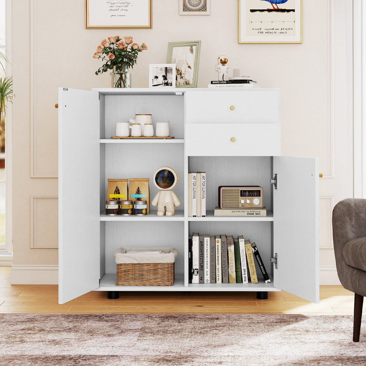 Kitchen Sideboard Buffet Cabinet Coffee Bar Cabinet with 2 Drawers 2 Doors and 3 Adjustable Shelves-White view 2
