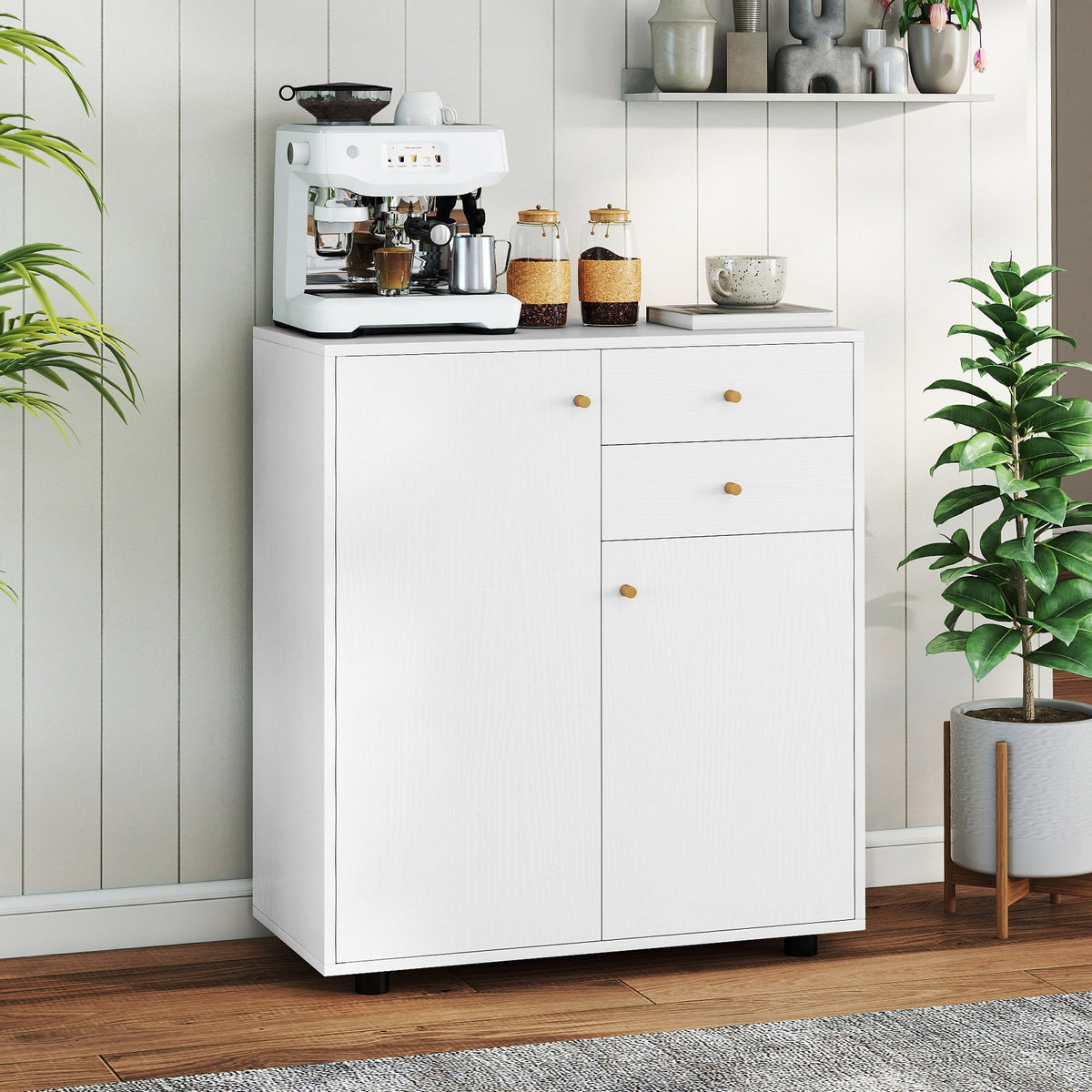 Kitchen Sideboard Buffet Cabinet Coffee Bar Cabinet with 2 Drawers 2 Doors and 3 Adjustable Shelves-White view 3