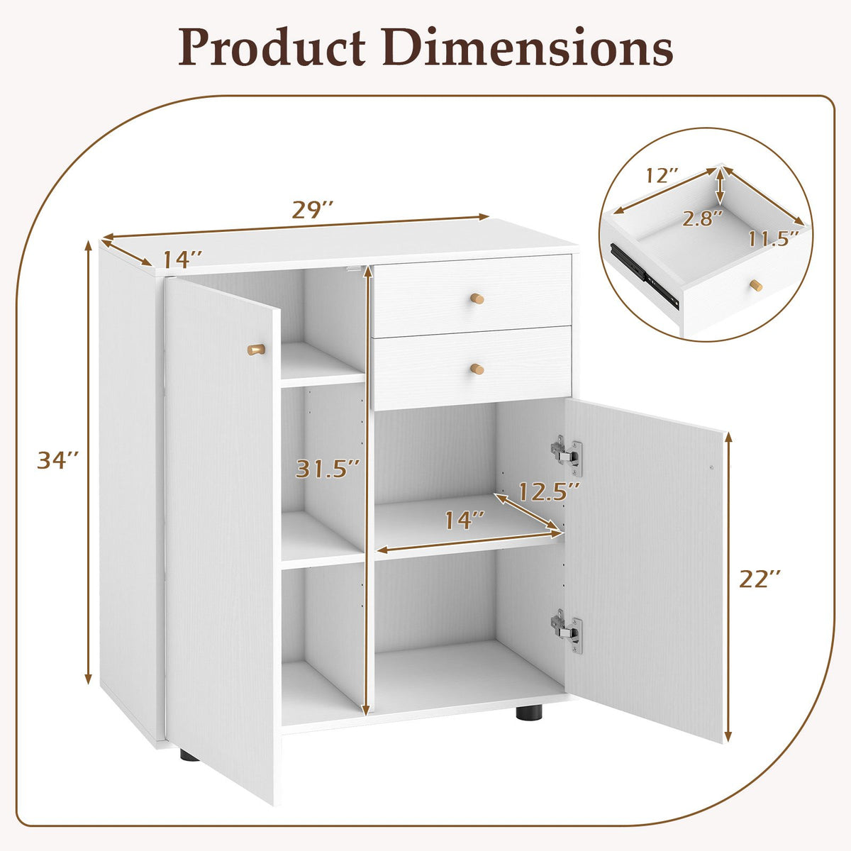 Kitchen Sideboard Buffet Cabinet Coffee Bar Cabinet with 2 Drawers 2 Doors and 3 Adjustable Shelves-White view 5