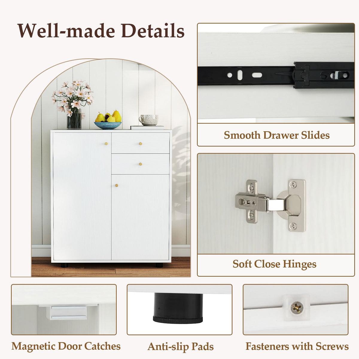 Kitchen Sideboard Buffet Cabinet Coffee Bar Cabinet with 2 Drawers 2 Doors and 3 Adjustable Shelves-White view 9