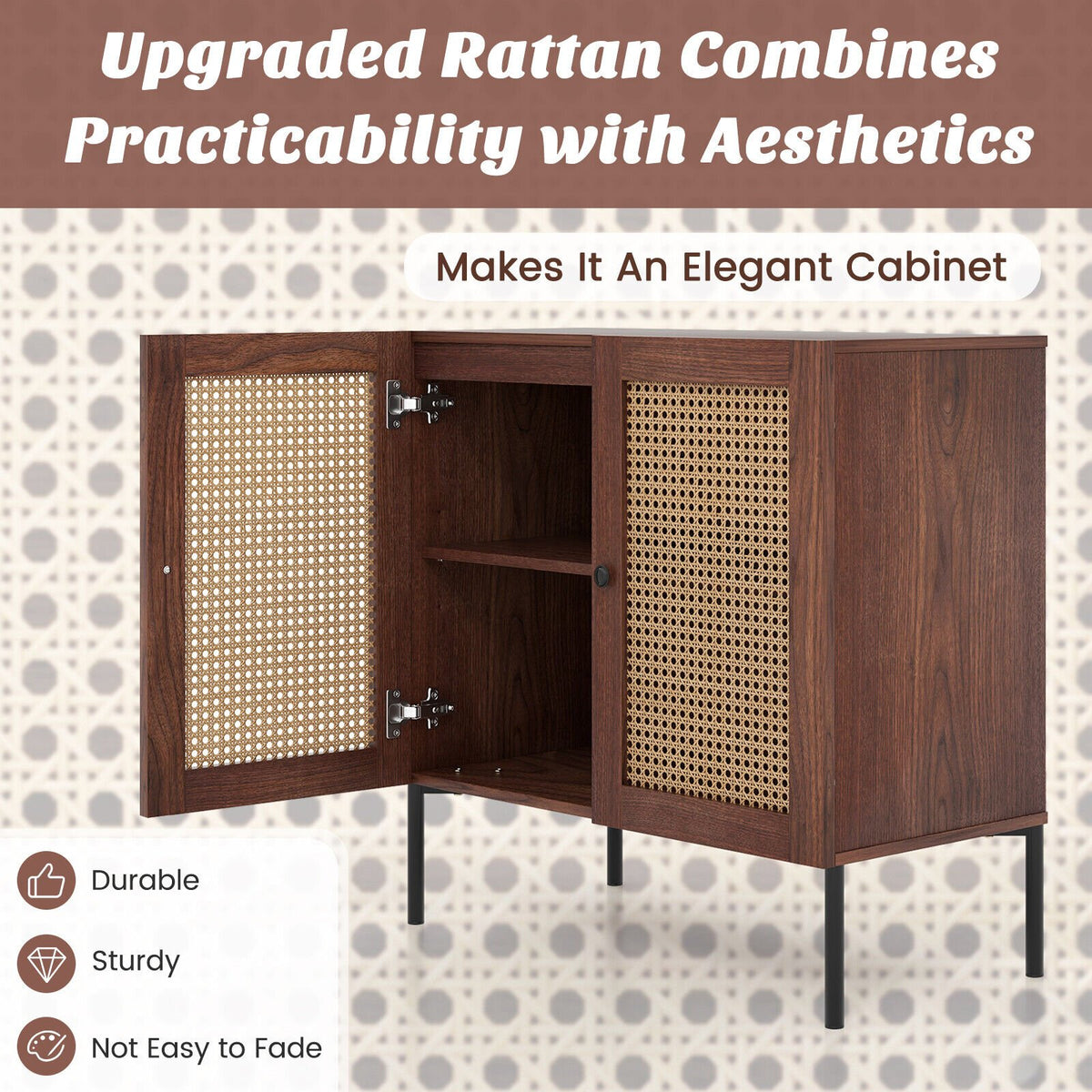 Kitchen Sideboard with 2 Rattan Doors and Adjustable Shelf-Walnut view 6