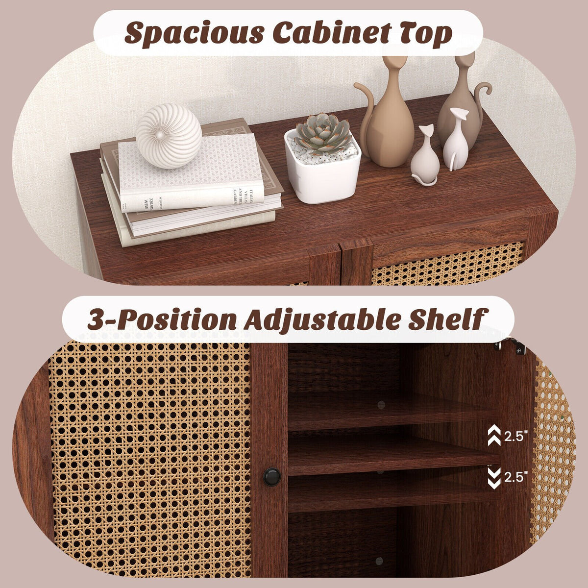 Kitchen Sideboard with 2 Rattan Doors and Adjustable Shelf-Walnut view 7