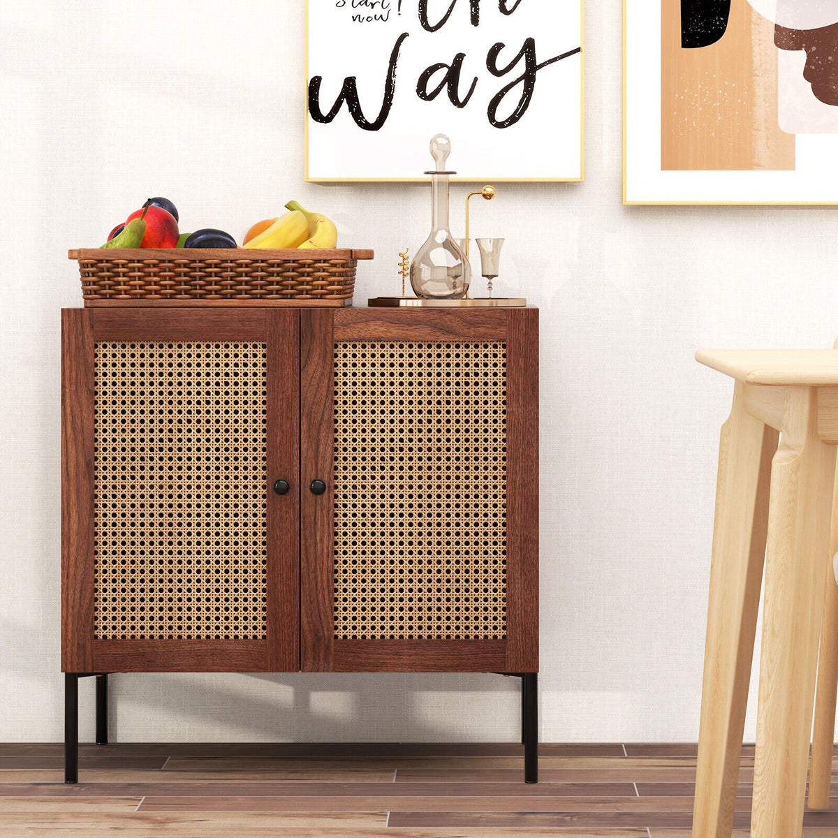 Kitchen Sideboard with 2 Rattan Doors and Adjustable Shelf-Walnut view 8