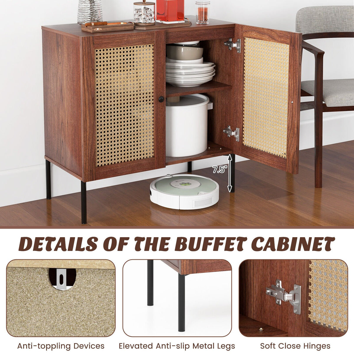 Kitchen Sideboard with 2 Rattan Doors and Adjustable Shelf-Walnut view 9