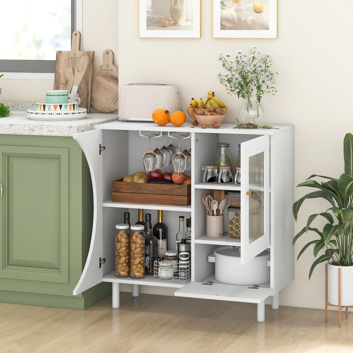 Kitchen Sideboard with Glasses Holder for Living Room Dining Room-White view 2