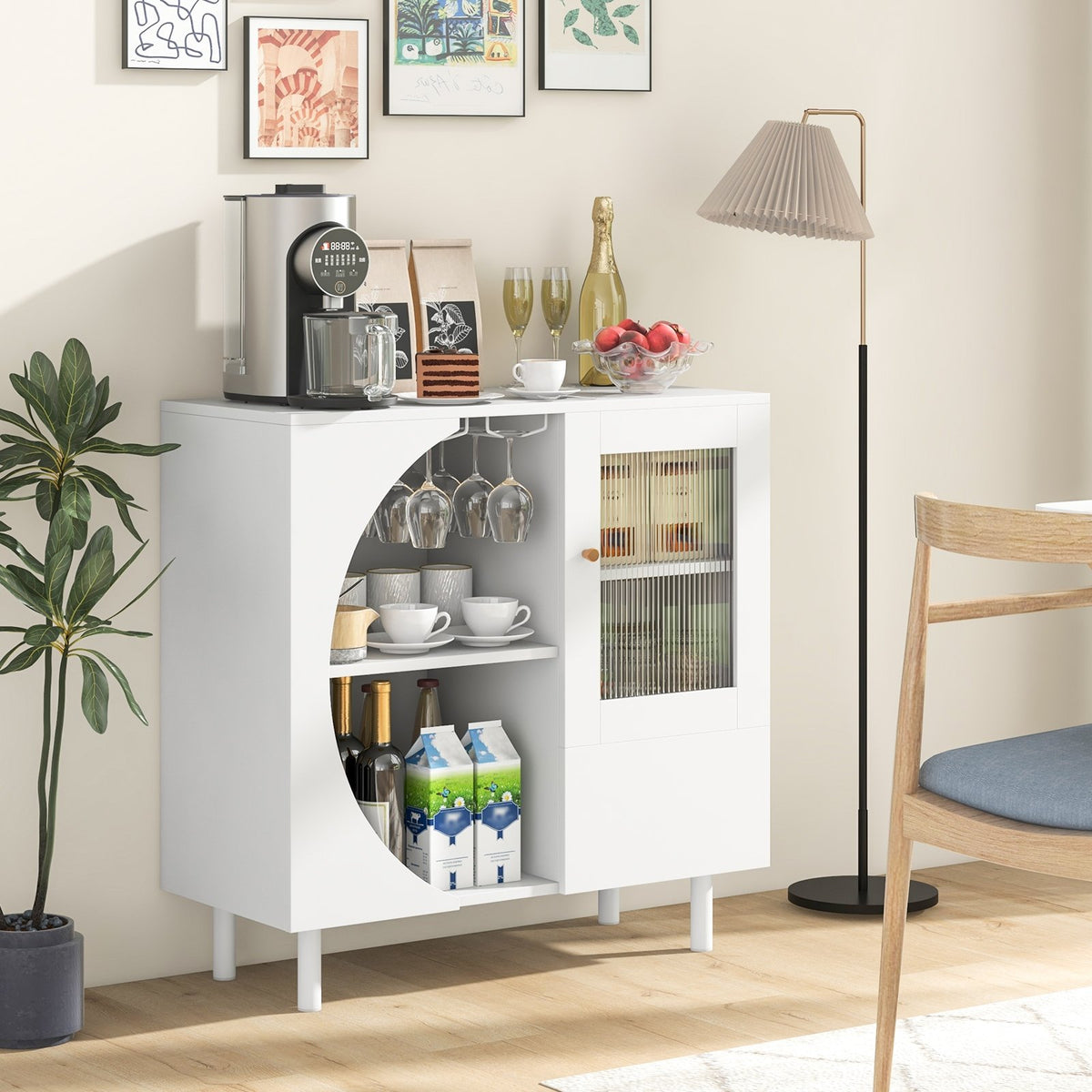 Kitchen Sideboard with Glasses Holder for Living Room Dining Room-White view 3