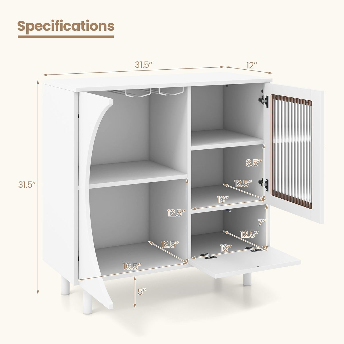 Kitchen Sideboard with Glasses Holder for Living Room Dining Room-White view 5