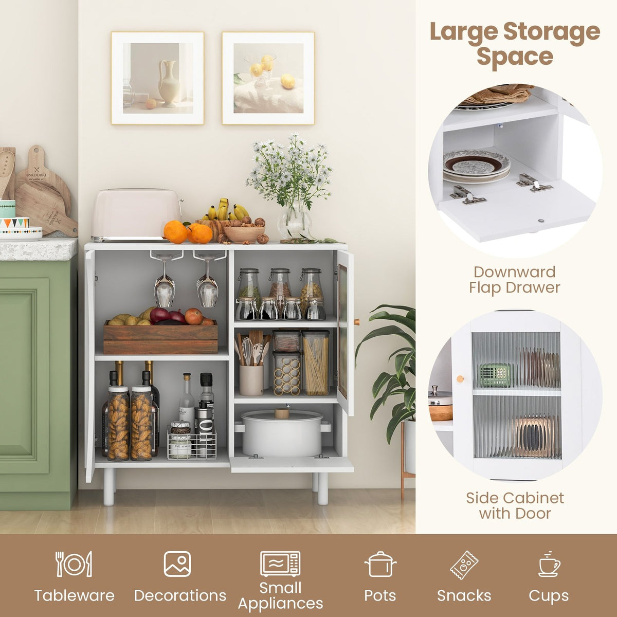 Kitchen Sideboard with Glasses Holder for Living Room Dining Room-White view 6