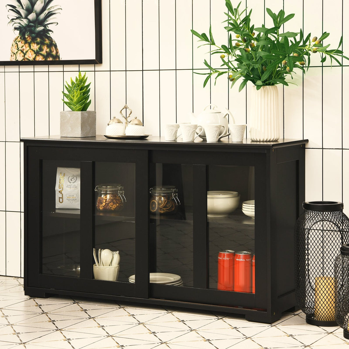 Kitchen Storage Cabinet with Glass Sliding Door-Black view 2