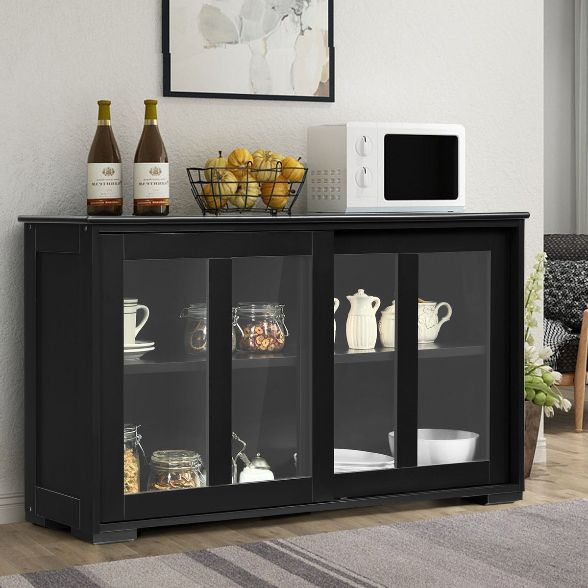 Kitchen Storage Cabinet with Glass Sliding Door-Black view 3