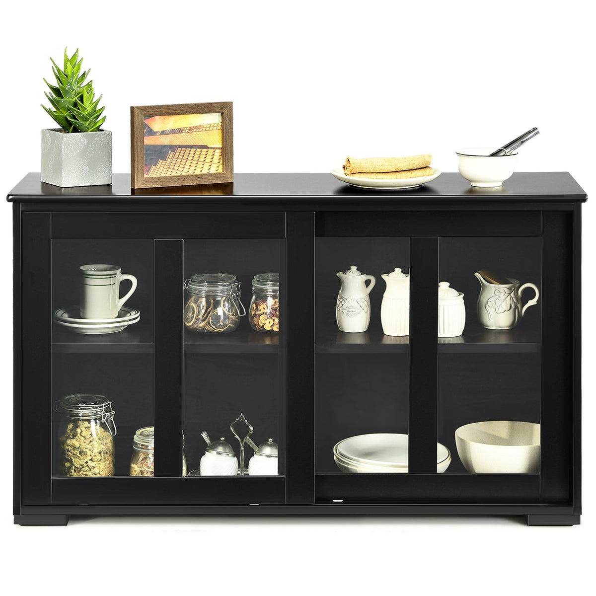 Kitchen Storage Cabinet with Glass Sliding Door-Black view 4