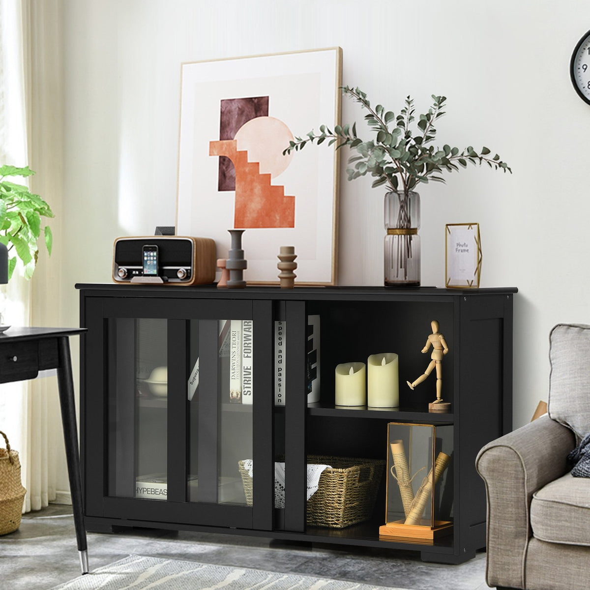 Kitchen Storage Cabinet with Glass Sliding Door-Black view 6