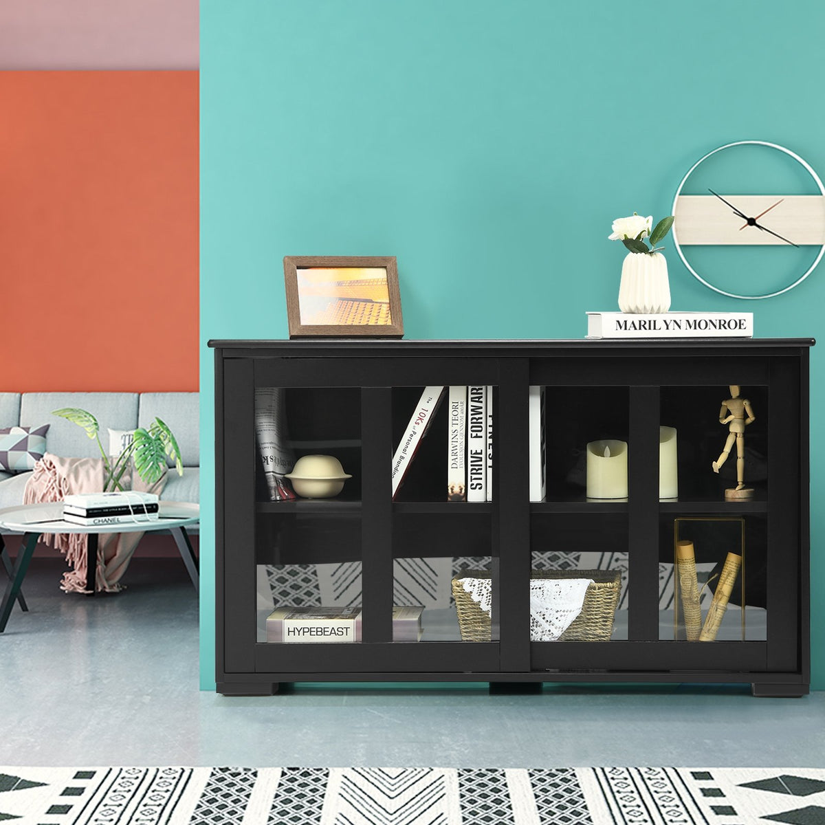 Kitchen Storage Cabinet with Glass Sliding Door-Black view 7