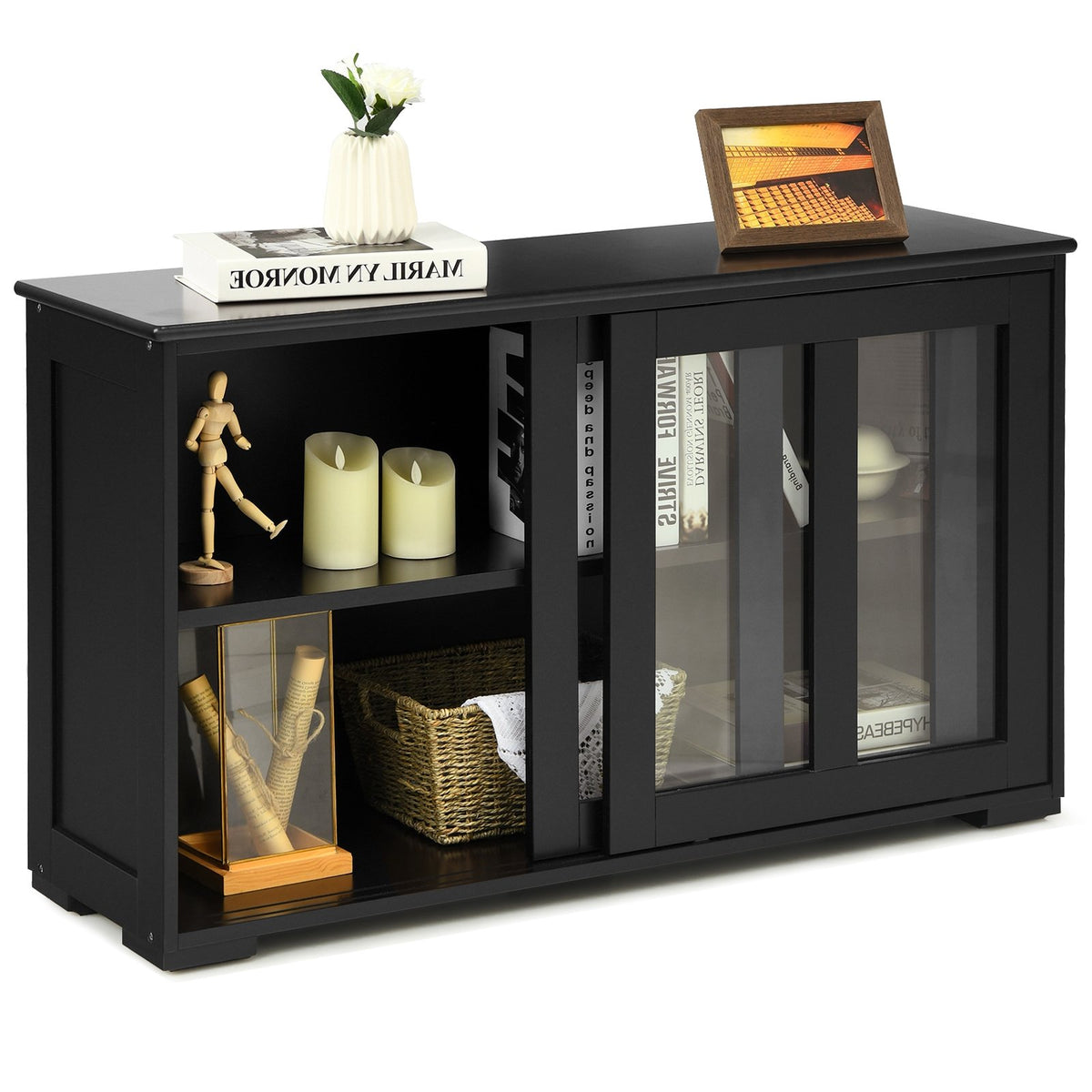 Kitchen Storage Cabinet with Glass Sliding Door-Black view 8