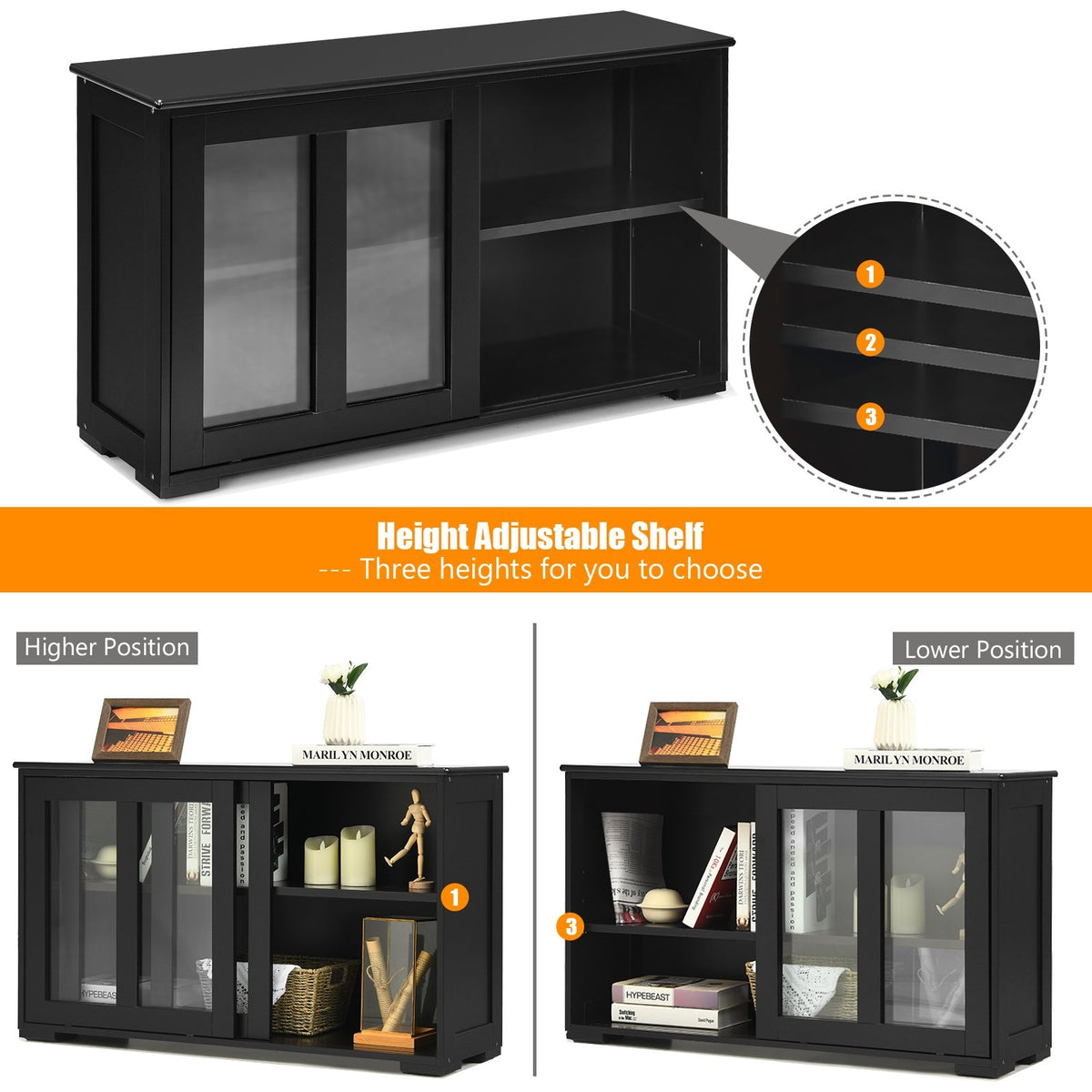 Kitchen Storage Cabinet with Glass Sliding Door-Black view 9