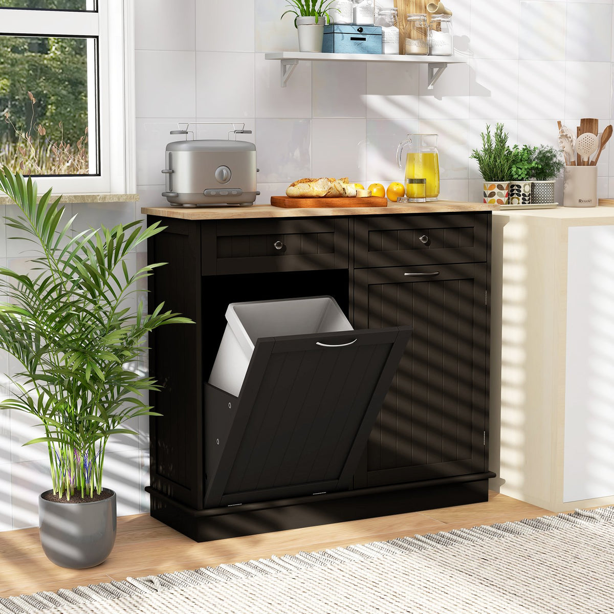 Kitchen Tilt Out Trash Cabinet with 2 Drawers and Adjustable Shelf-Brown view 2