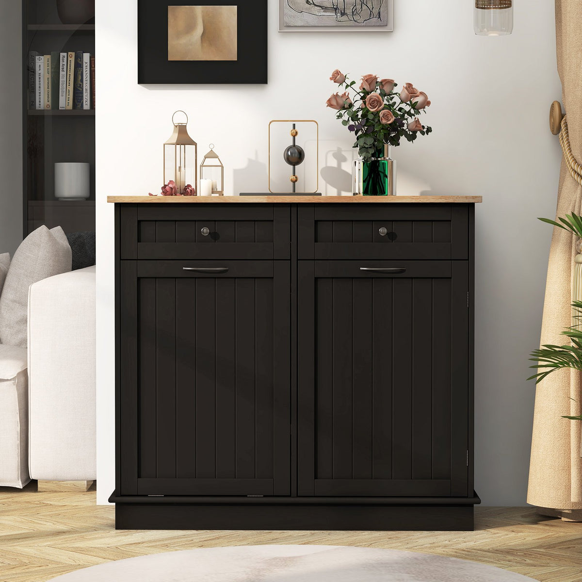 Kitchen Tilt Out Trash Cabinet with 2 Drawers and Adjustable Shelf-Brown view 3