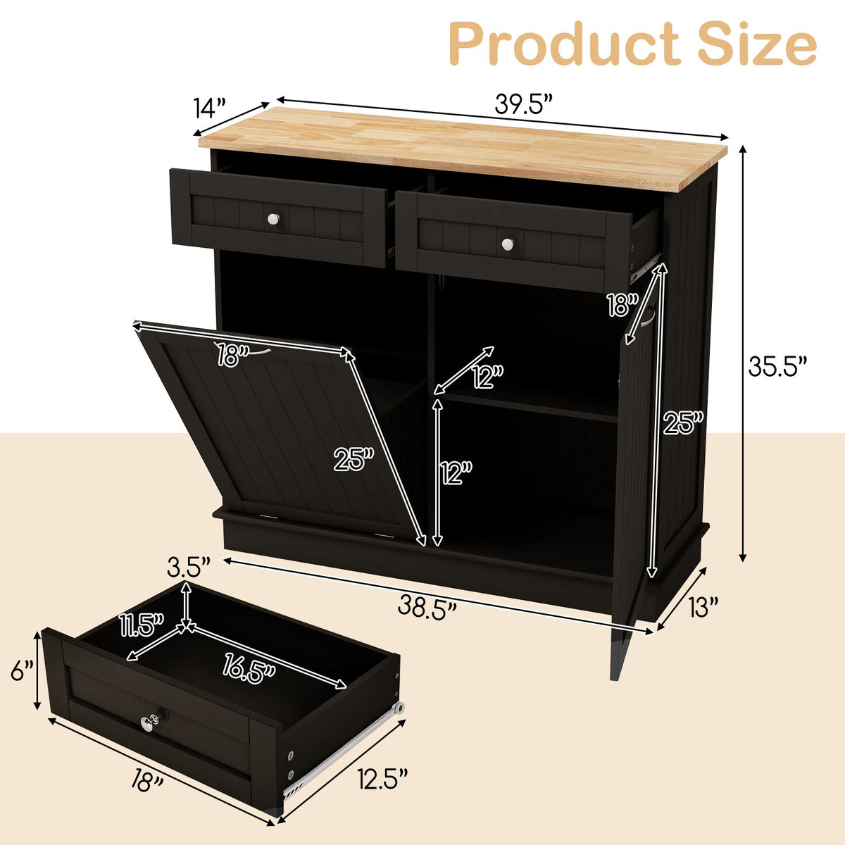 Kitchen Tilt Out Trash Cabinet with 2 Drawers and Adjustable Shelf-Brown view 4