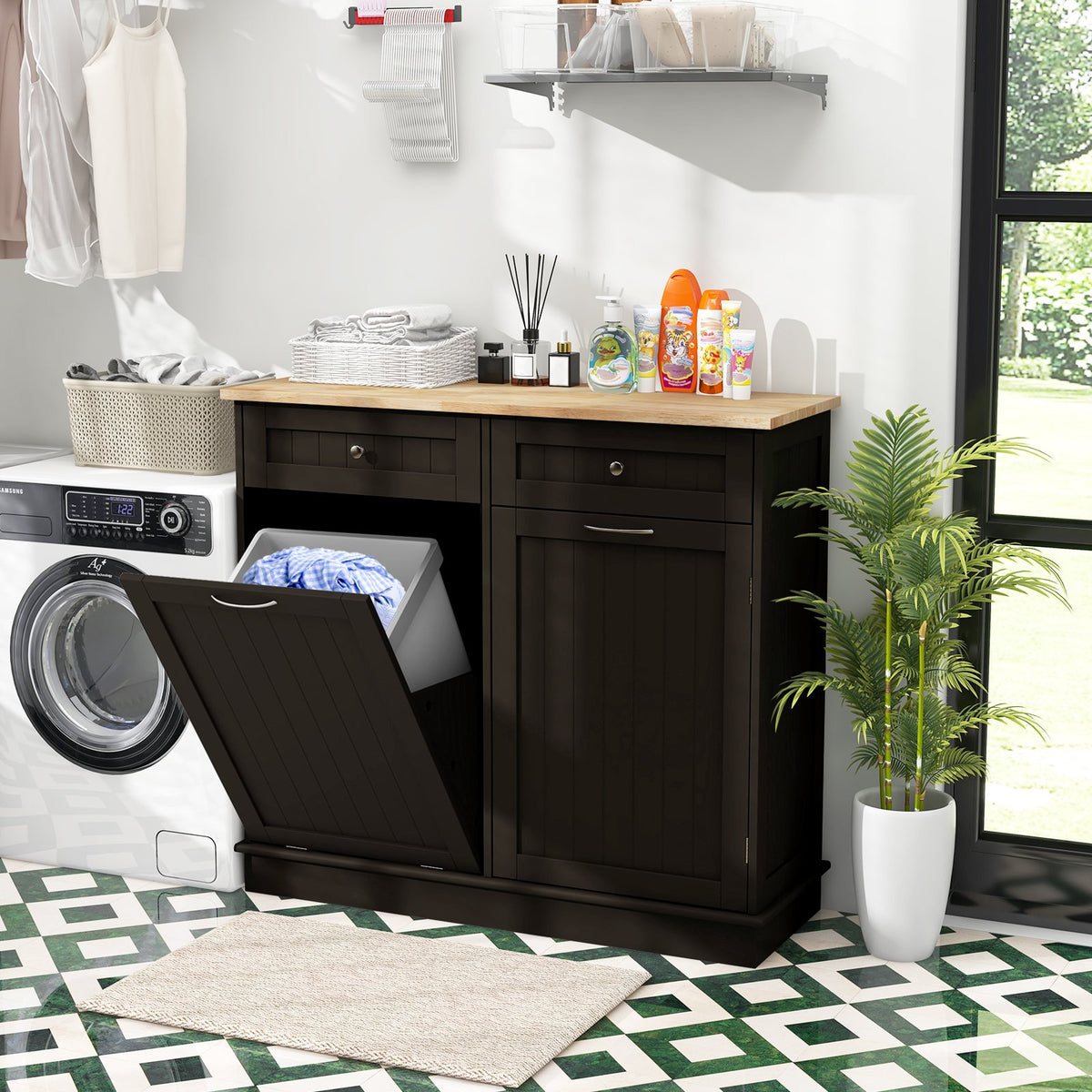 Kitchen Tilt Out Trash Cabinet with 2 Drawers and Adjustable Shelf-Brown view 5