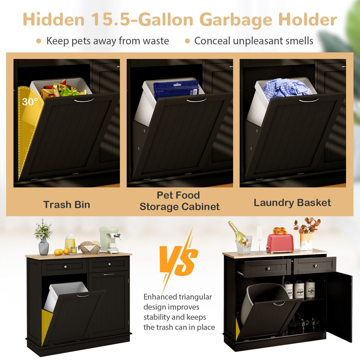 Kitchen Tilt Out Trash Cabinet with 2 Drawers and Adjustable Shelf-Brown view 6