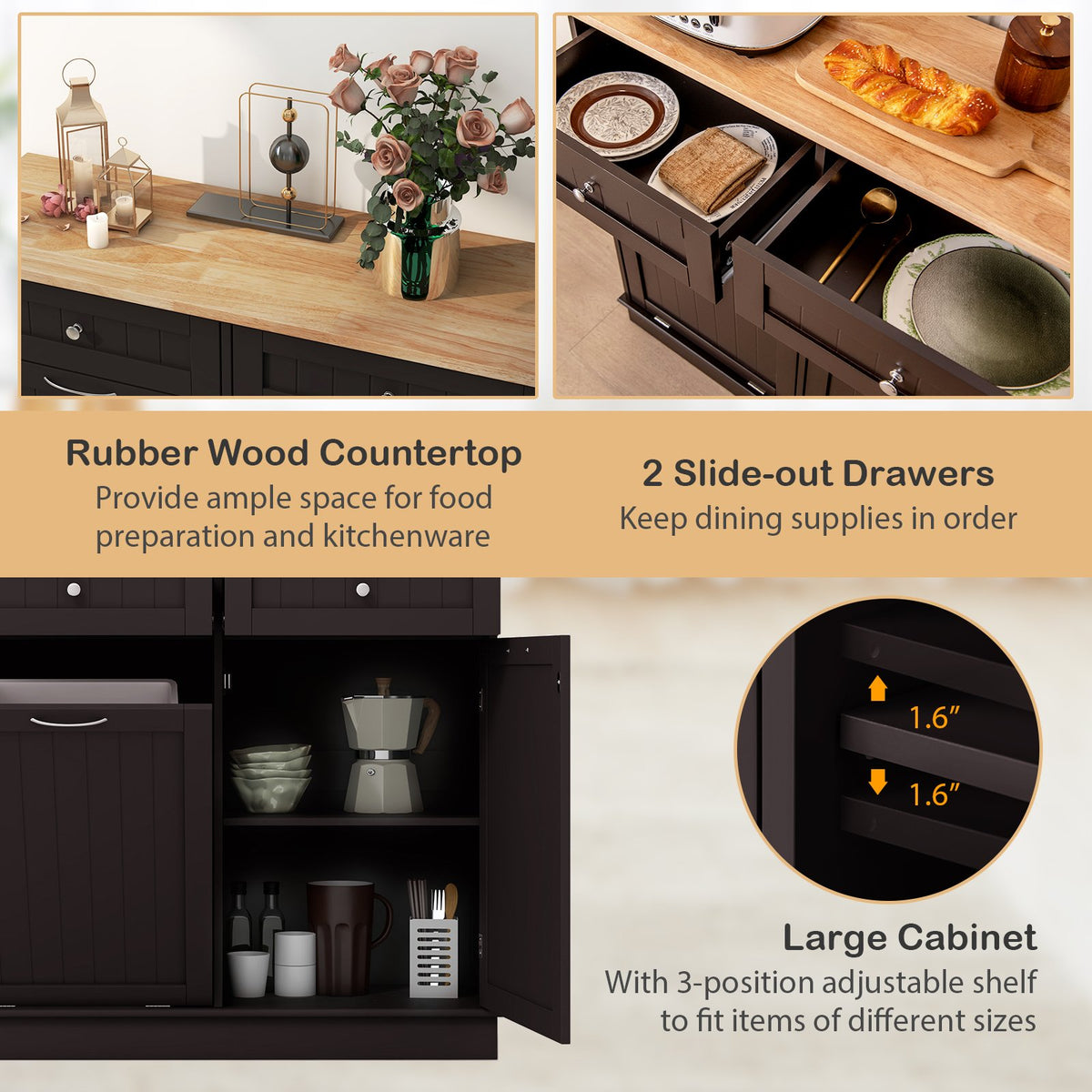 Kitchen Tilt Out Trash Cabinet with 2 Drawers and Adjustable Shelf-Brown view 7