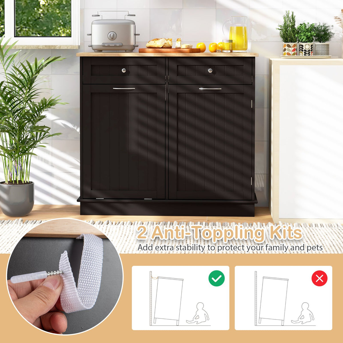 Kitchen Tilt Out Trash Cabinet with 2 Drawers and Adjustable Shelf-Brown view 9