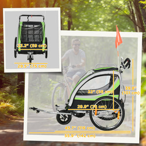 Aosom 2 Seat Bike Trailer for Kids 2-in-1 Double Baby Stroller with Handbrake, Rubber Wheels, 5 Point Harness, Waterproof Cover, Storage Bag, Reflectors
