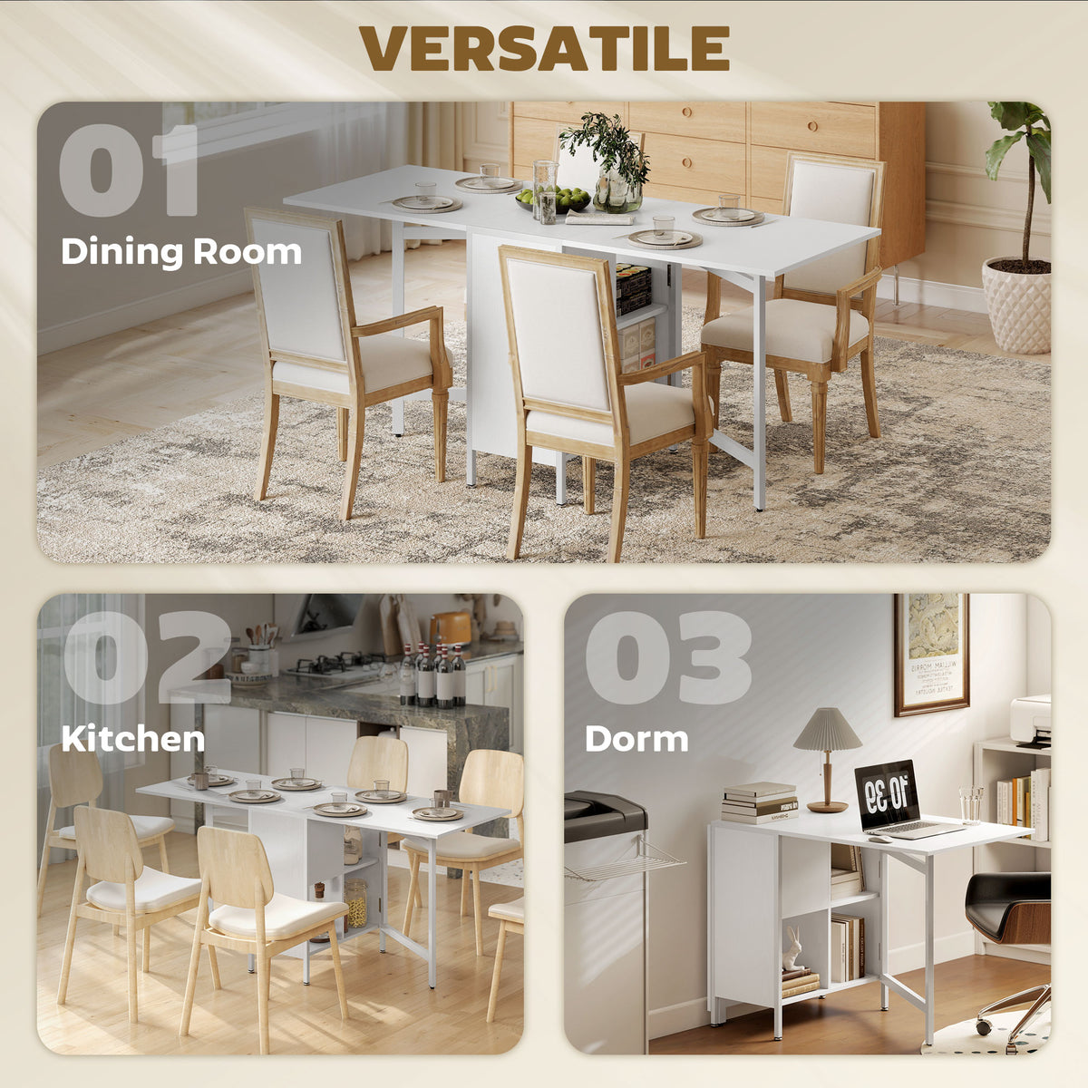 Multi-use Foldable Table with Hideaway Shelves, Drop Leaf Table for Kitchen, Dining, Study and Office, White