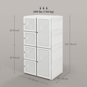 Portable Wardrobe, Foldable Storage Organzier with 5 Compartments, 1 Hanging Rod, Magnet Doors, White
