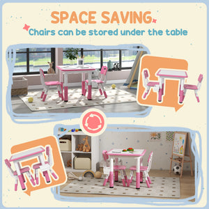 Qaba 3 Pieces Toddler Table and Chair Set, Height Adjustable Kids Table and Chair Set w/ Storage, for Playroom