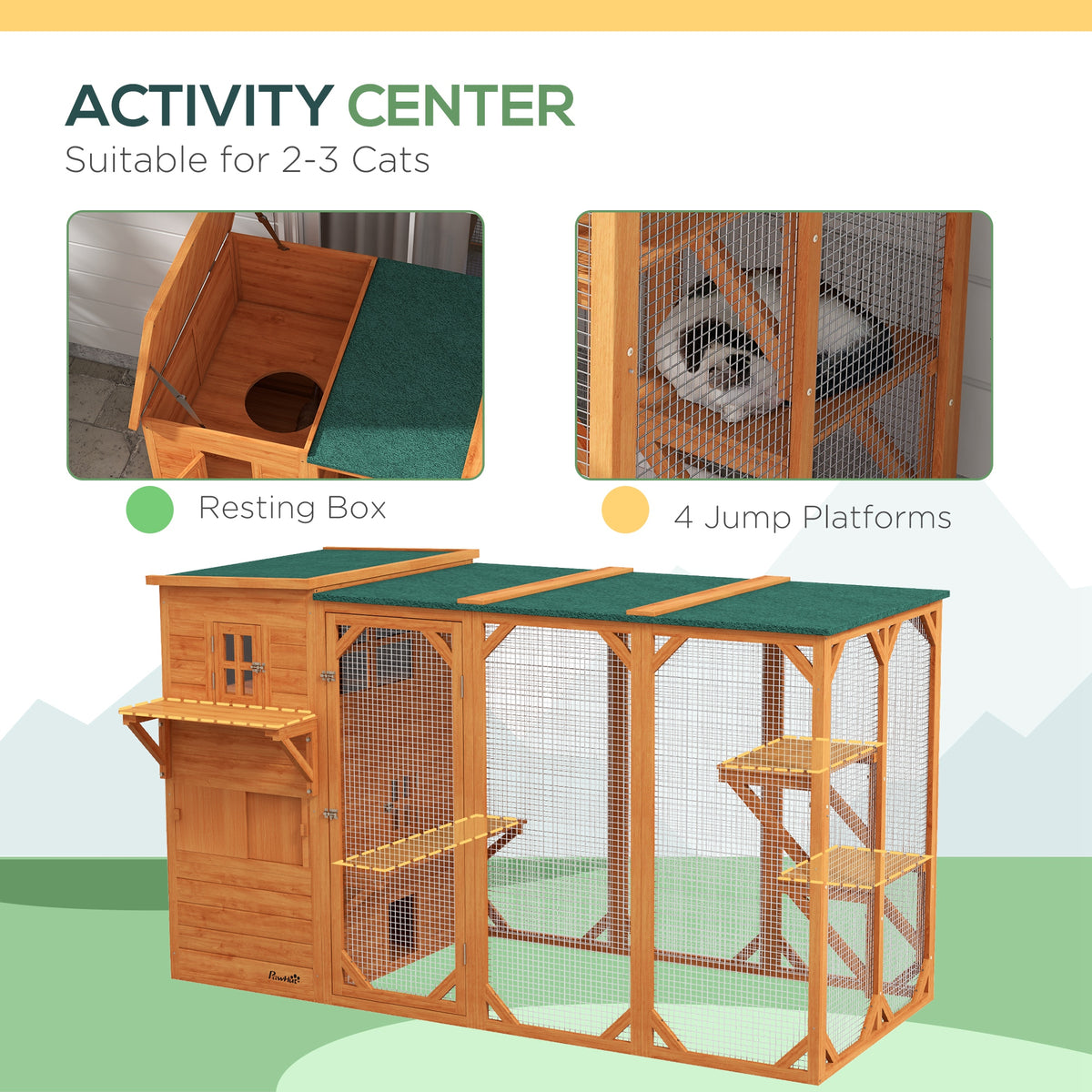 Wooden Cat Catio, 76"L Walk in Outdoor Cat House with Asphalt Roof, Platforms, Lockable Doors – view 10