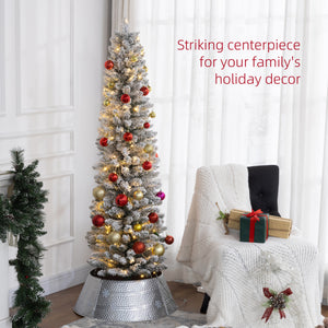 5ft Artificial Prelit Christmas Tree with Warm White LED Light, Snow Flocked Branches, Metal Base, Pencil Xmas Tree