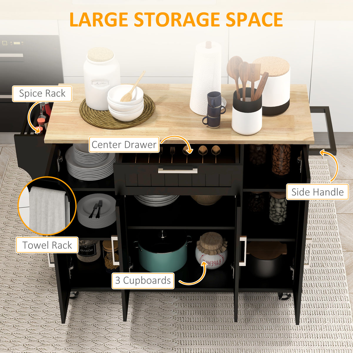 Modern Rolling Kitchen Island Cart with Drawers, Natural Wood Top, Towel Rack, Door Storage Cabinet, Black – view 3