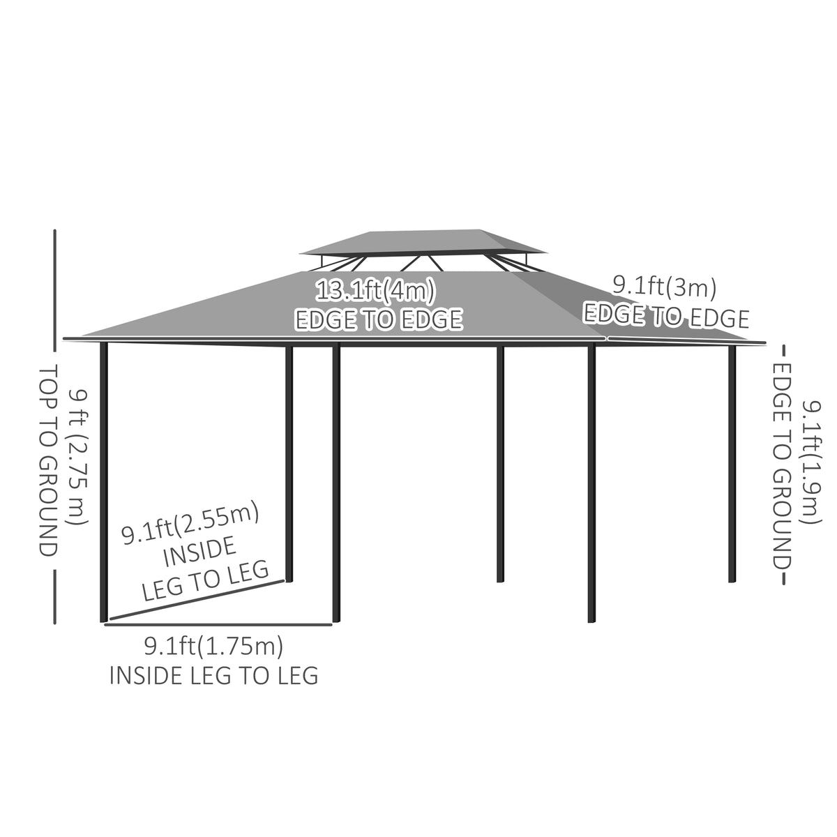 10' x 13' Patio Gazebo, Outdoor 2-Tiers Garden Canopy Yard Sunshade Shelter with Curtains, Khaki – view 9