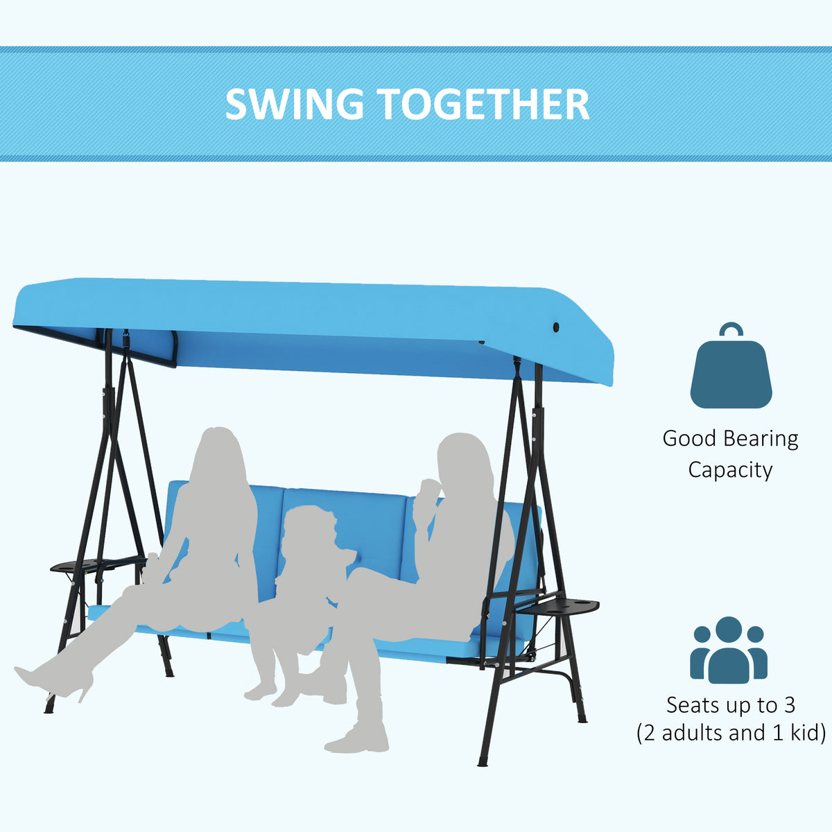 3-Seat Outdoor Porch Swing Patio Swing with Adjustable Canopy, Side Tray, Removable Cushion for Garden – view 3