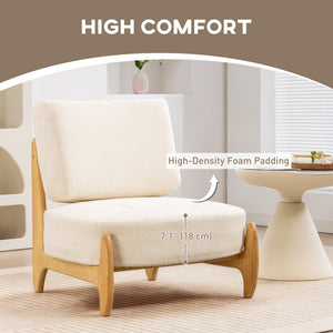 Accent Chair with Rubber Wood Frame, Wide Seat, Modern Chenille Bedroom Chair with Thick Cushion, Cream White