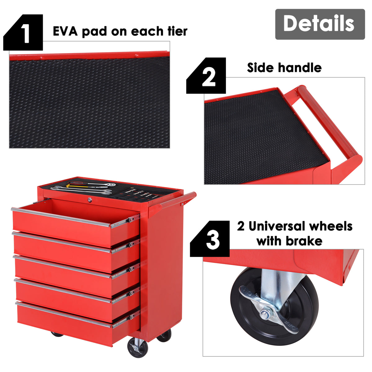 5 Drawer Roller Tool Chest, Mobile Lockable Toolbox, Storage Organizer with Handle for Workshop Mechanics Garage, Red