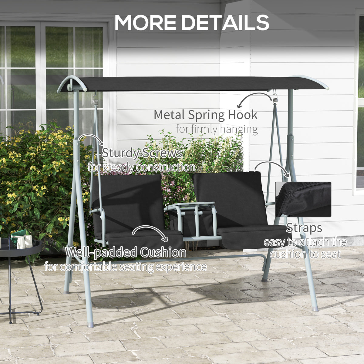 2-Seater Outdoor Porch Swing with Adjustable Canopy and Table, Patio Swing Chair for Garden, Poolside, Backyard, Black