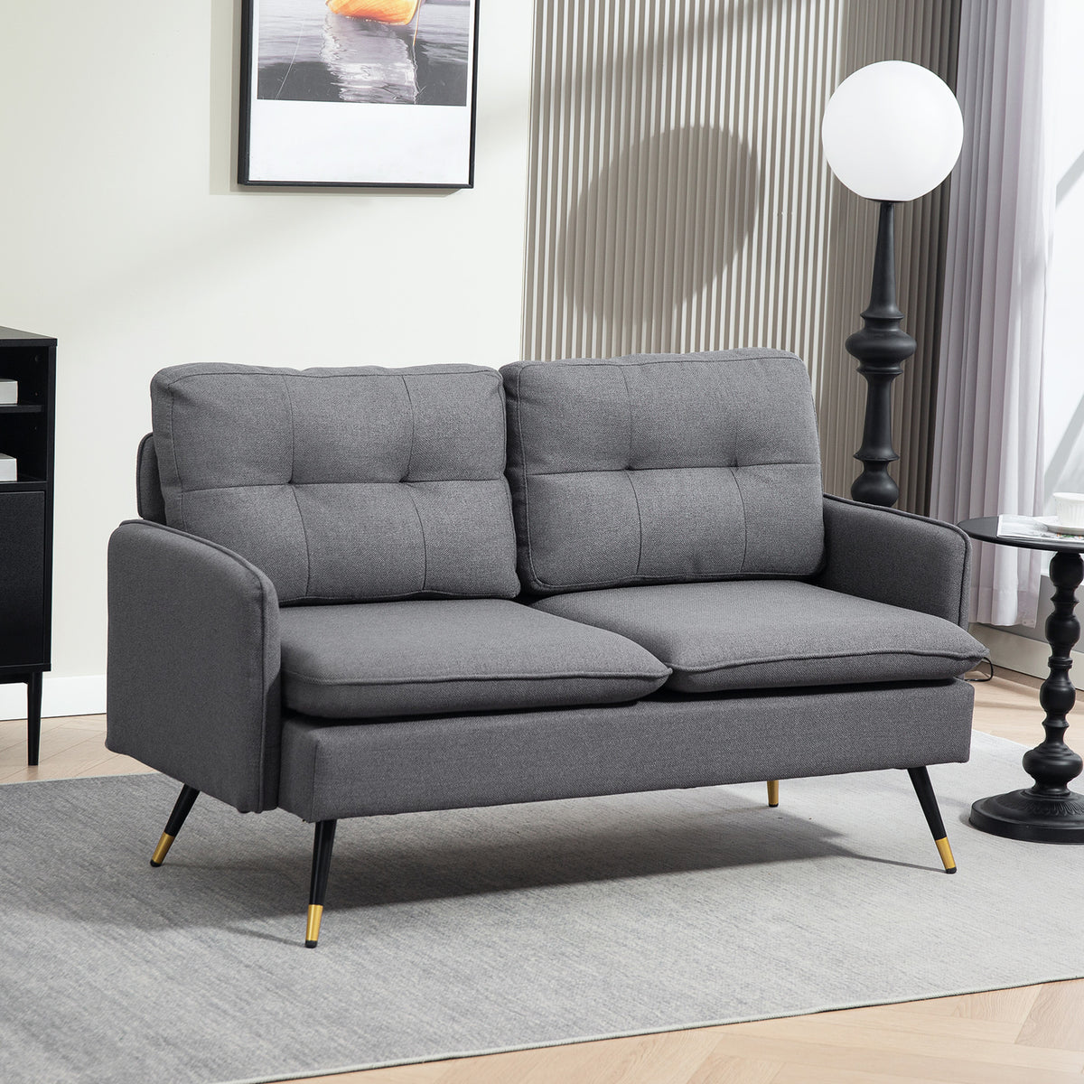 55" Loveseat Sofa, Linen Love Seat w/ S spring, Steel Legs and Button Tufting, Small Couch for Living Room – view 7