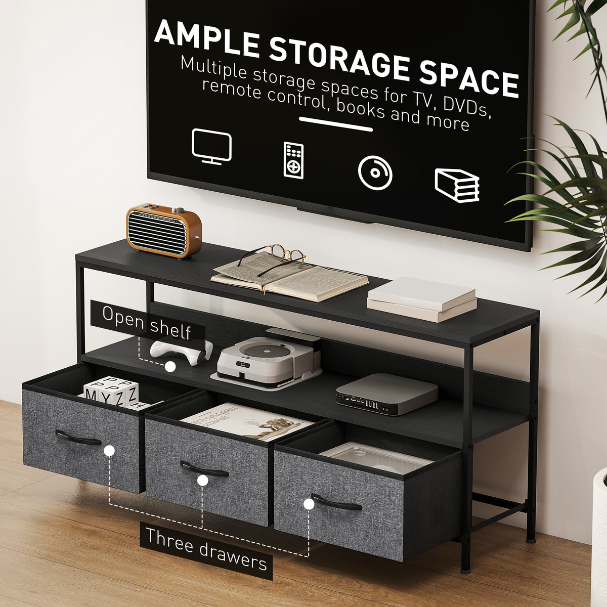 TV Stand with Charging Station, TV Table with 2 Foldable Linen Drawers and Open Shelf for 47 Inch – view 18