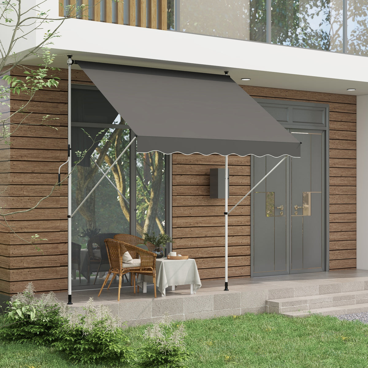 10x5ft Manual Retractable Awning, Patio Sun Shade Canopy Shelter with 5.6-9.2ft Support Pole, Water Resistant UV Protector, for Window, Door, Porch, Deck, Grey