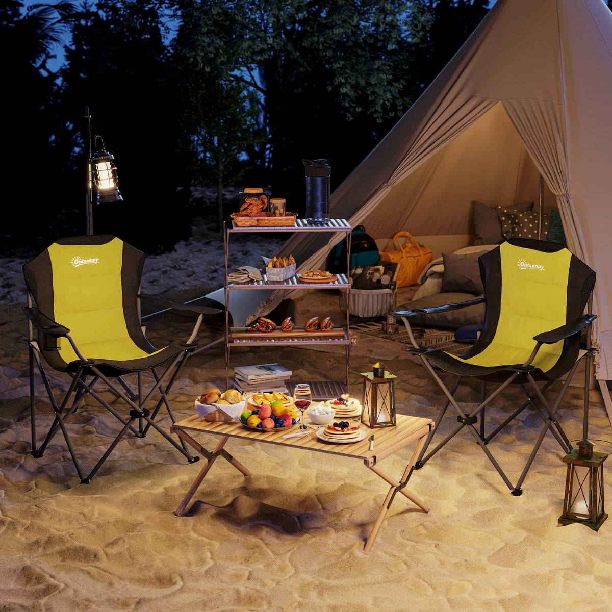 2 Pack Folding Camping Chairs, High Back Folding Chairs w/ Cup Holder, Padded Camping Chairs for Outdoor Events, Cream