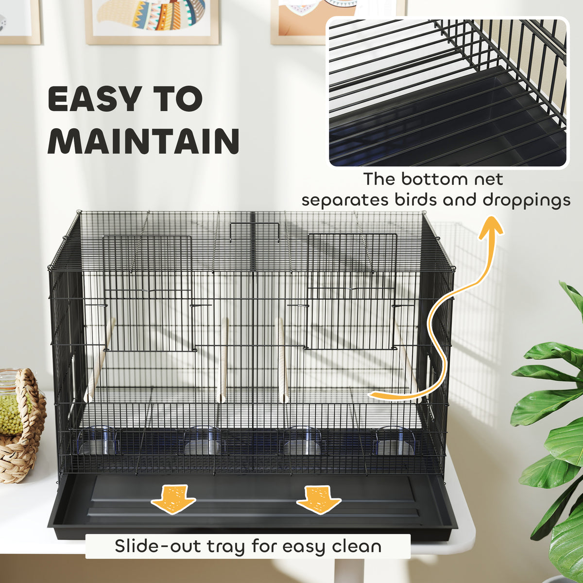 18" H Bird Cage, Large Parakeet Cage for Budgie, Lovebird, Canary, Finches with Divider, Black – view 6