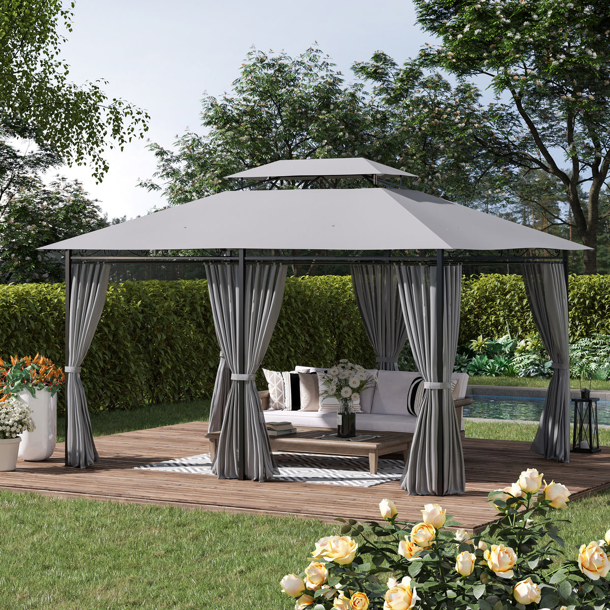 10' x 13' Patio Gazebo, Outdoor 2-Tiers Garden Canopy Yard Sunshade Shelter with Curtains, Khaki – view 14
