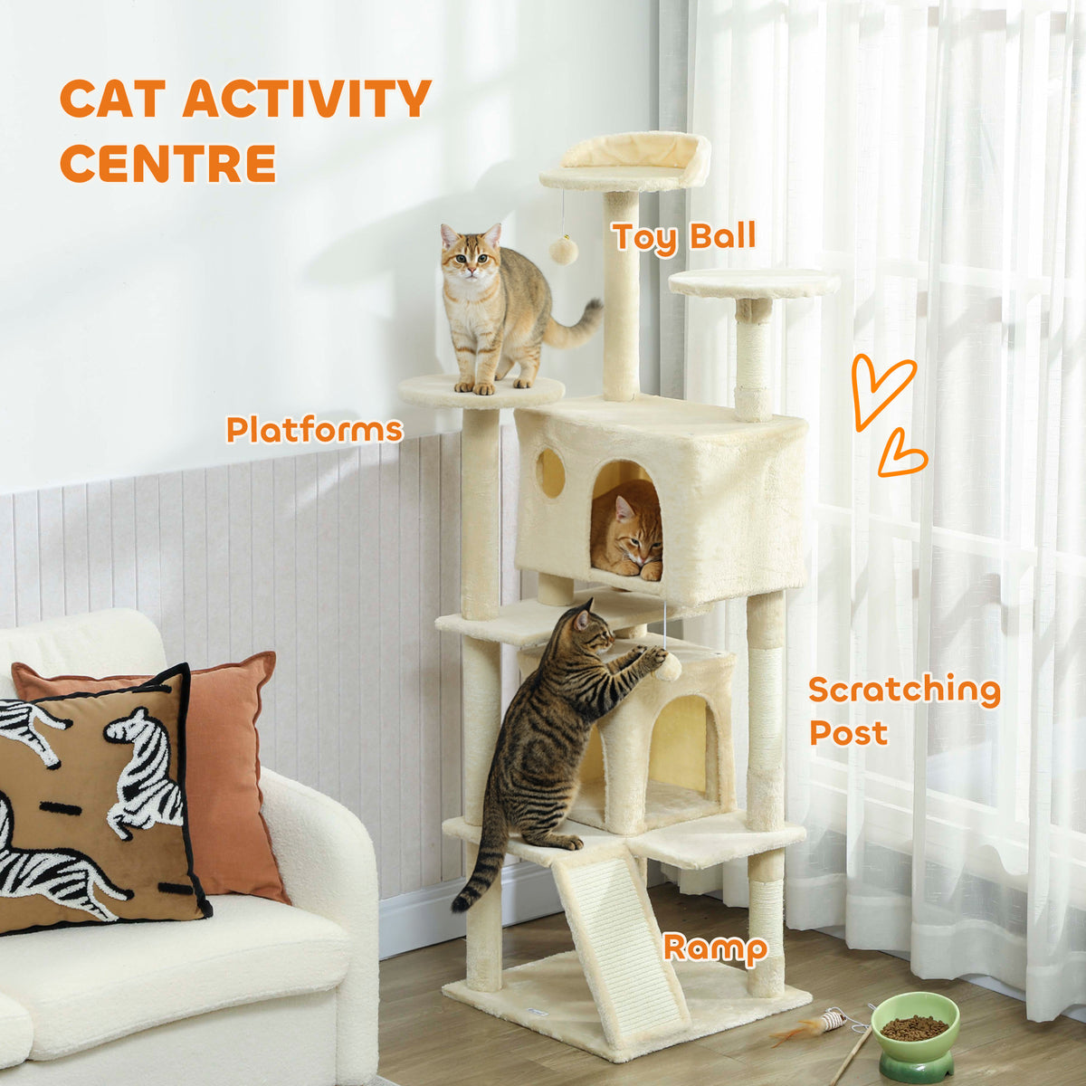 54" Cat Tree, Multi-Level Cat Tower with Scratching Posts, Cat Condos, Bed, Platforms, Ramp, Toy Ball, Beige – view 59