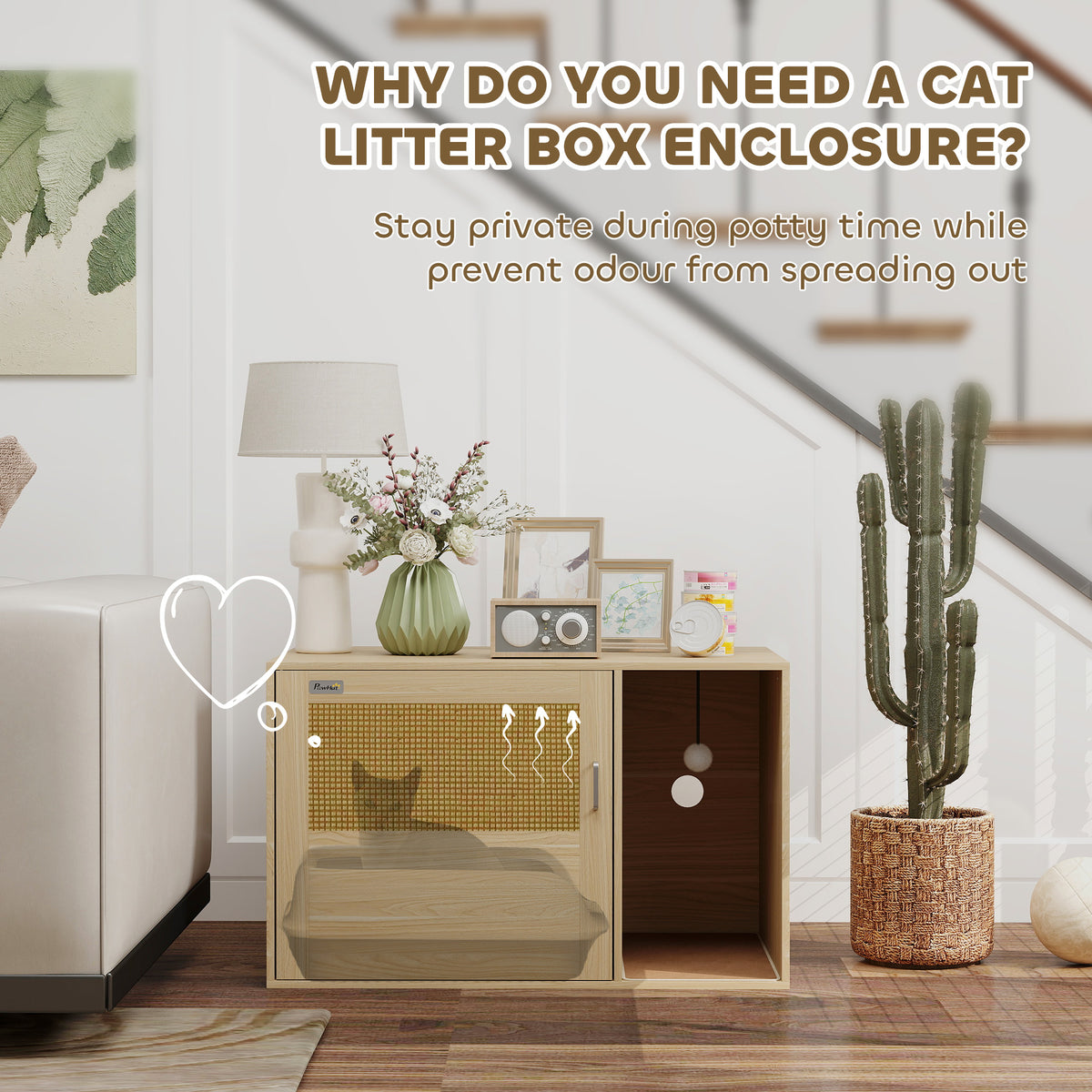 Cat Litter Box Enclosure, Cat Washroom End Side Table with Rattan Door, Scratching Pad, Non-slip Foot Pads – view 4