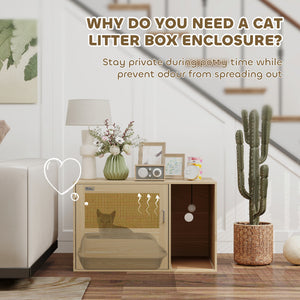 Cat Litter Box Enclosure, Cat Washroom End Side Table with Rattan Door, Scratching Pad, Non-slip Foot Pads – view 4