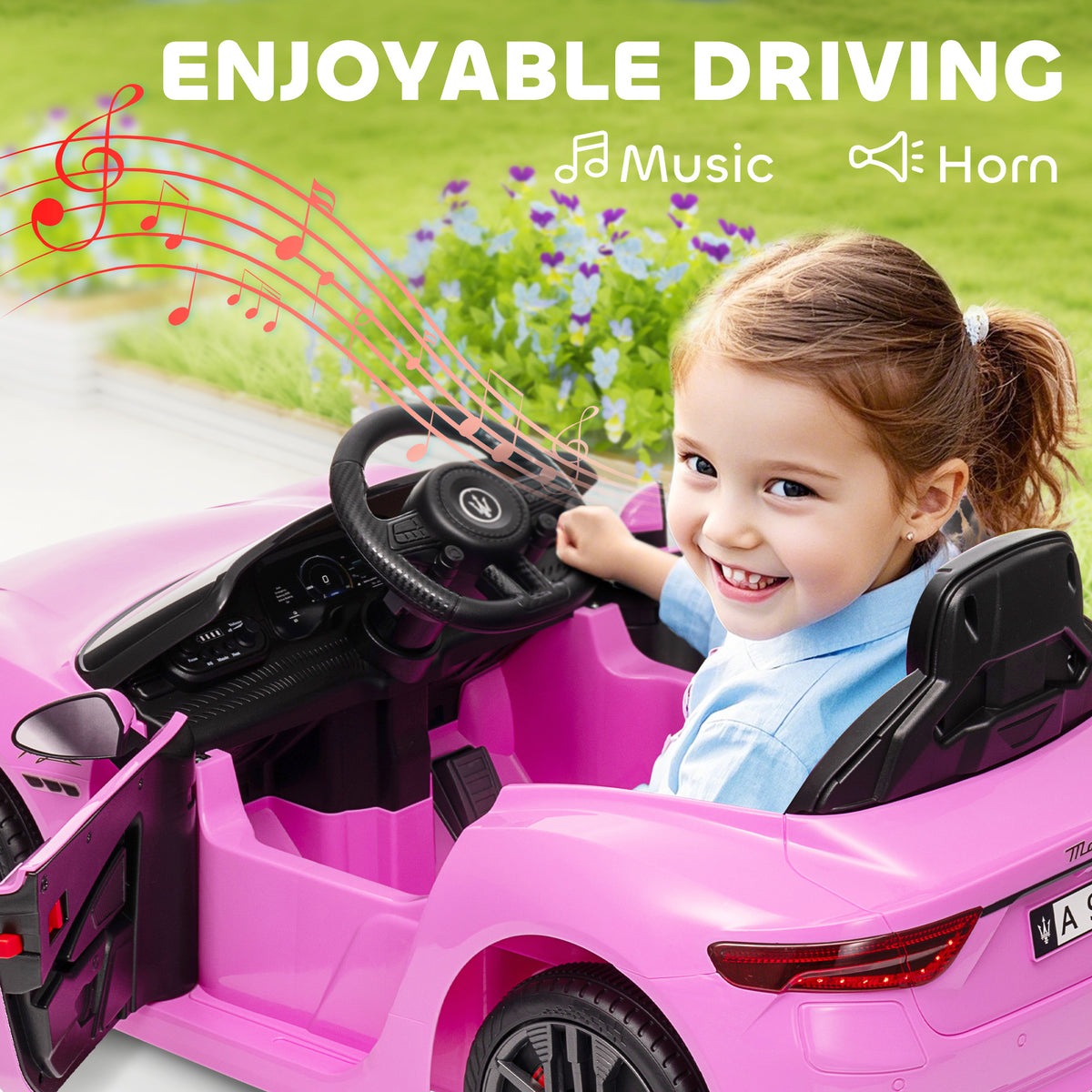 Qaba 12V Maserati Gran Turismo Licensed Kids Electric Car w/ Remote Control, Soft Start, LED Lights, Music, Horn, MP3, Pink