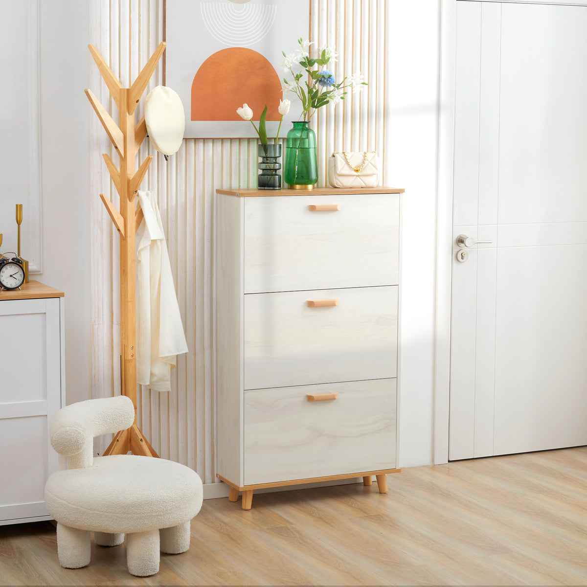 Modern Shoe Cabinet with 3 Flip Drawers and Adjustable Shelf, 12 Pair Shoe Storage Cabinet for Hallway, Entryway, White