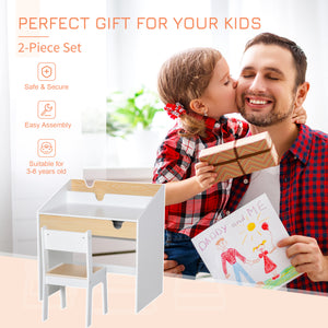Qaba 2 Pieces Kids Desk and Chair Set with Storage Pull-Out Drawer for 6-10 Years, Writing, Reading, Drawing